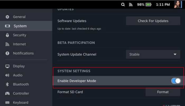 Enable Developer Mode Steam Deck